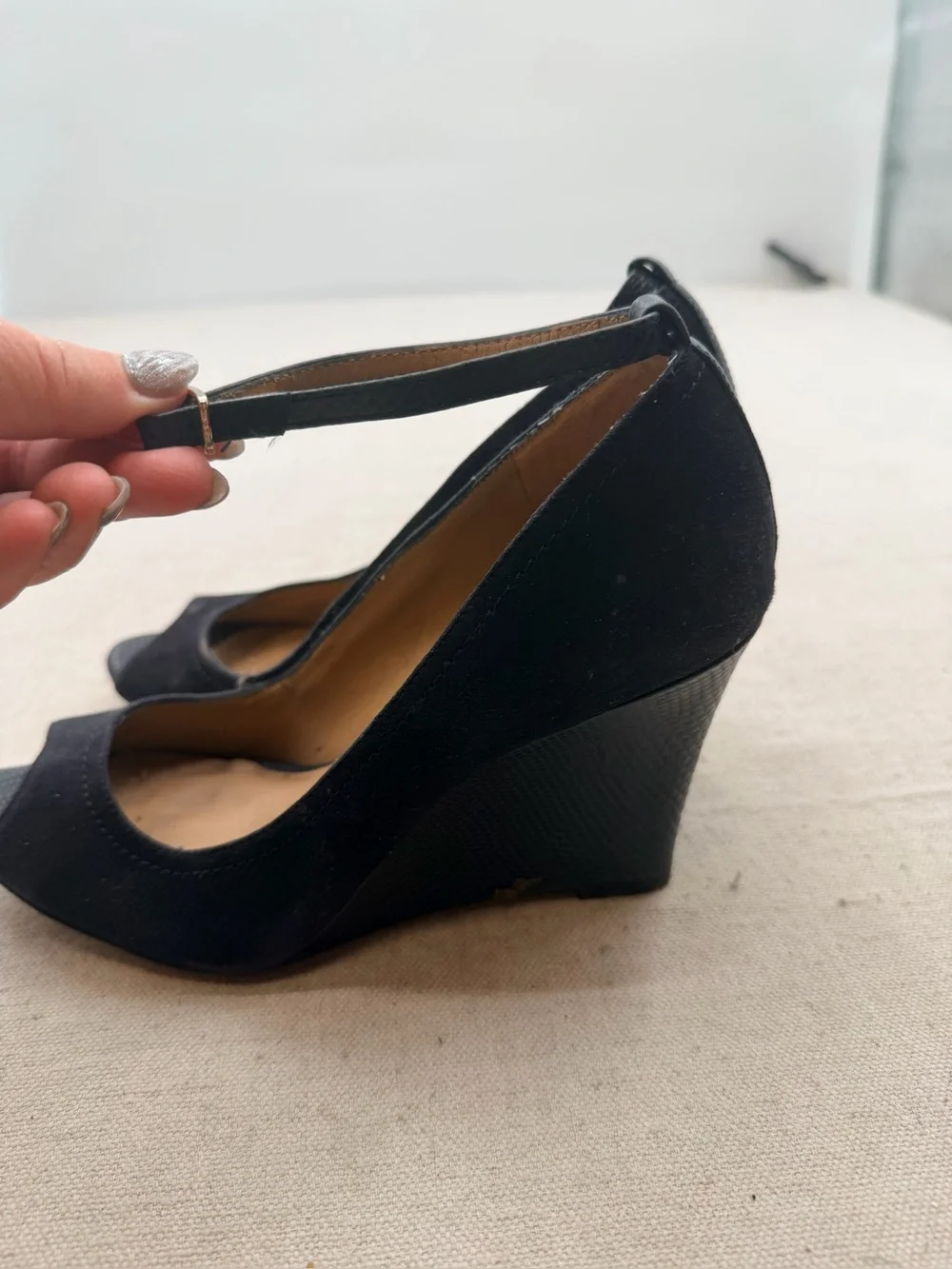 Blue Peep-Toe Wedge Heels with Ankle Strap